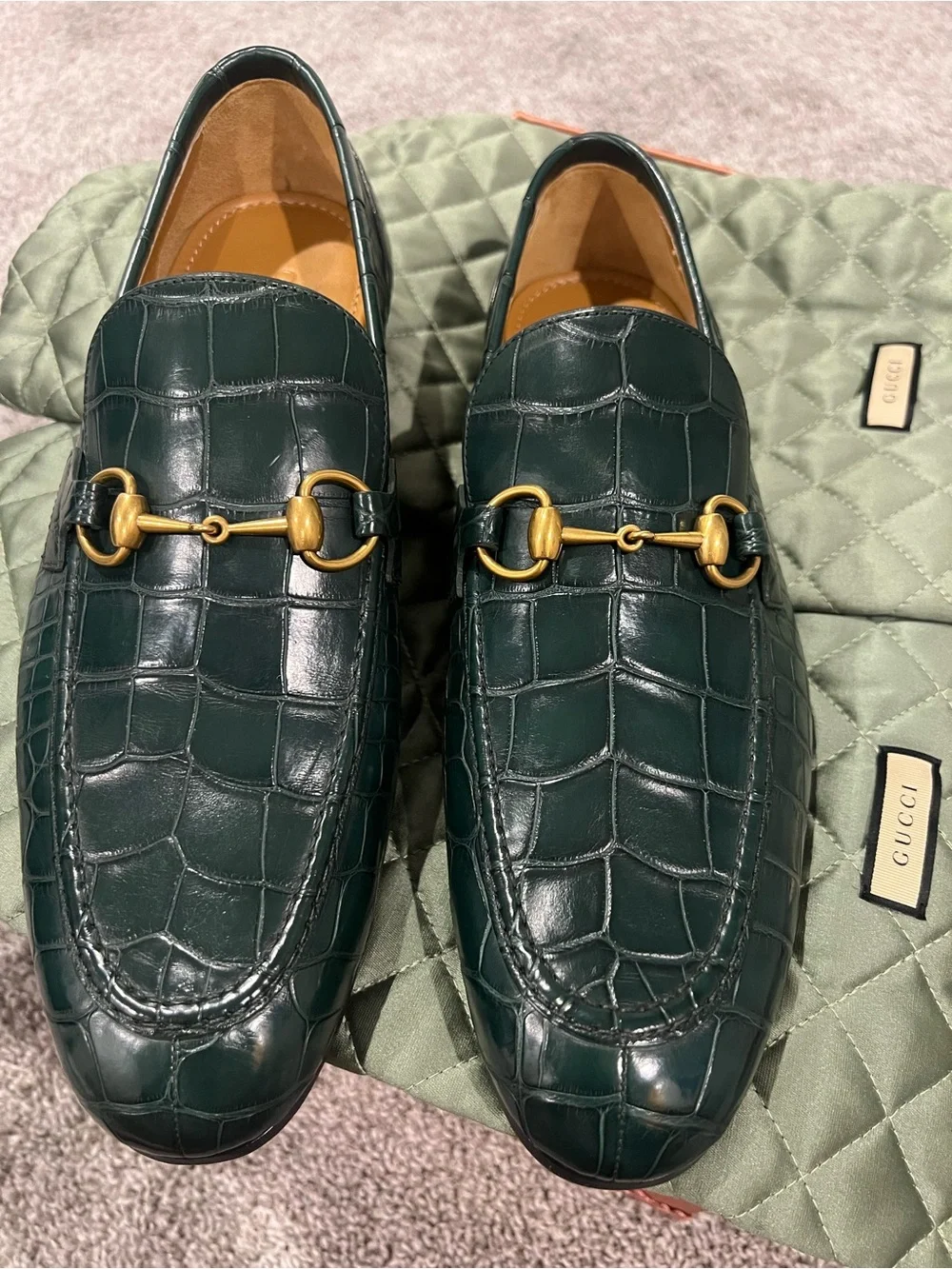 Gucci Green Croc-Embossed Leather Loafers